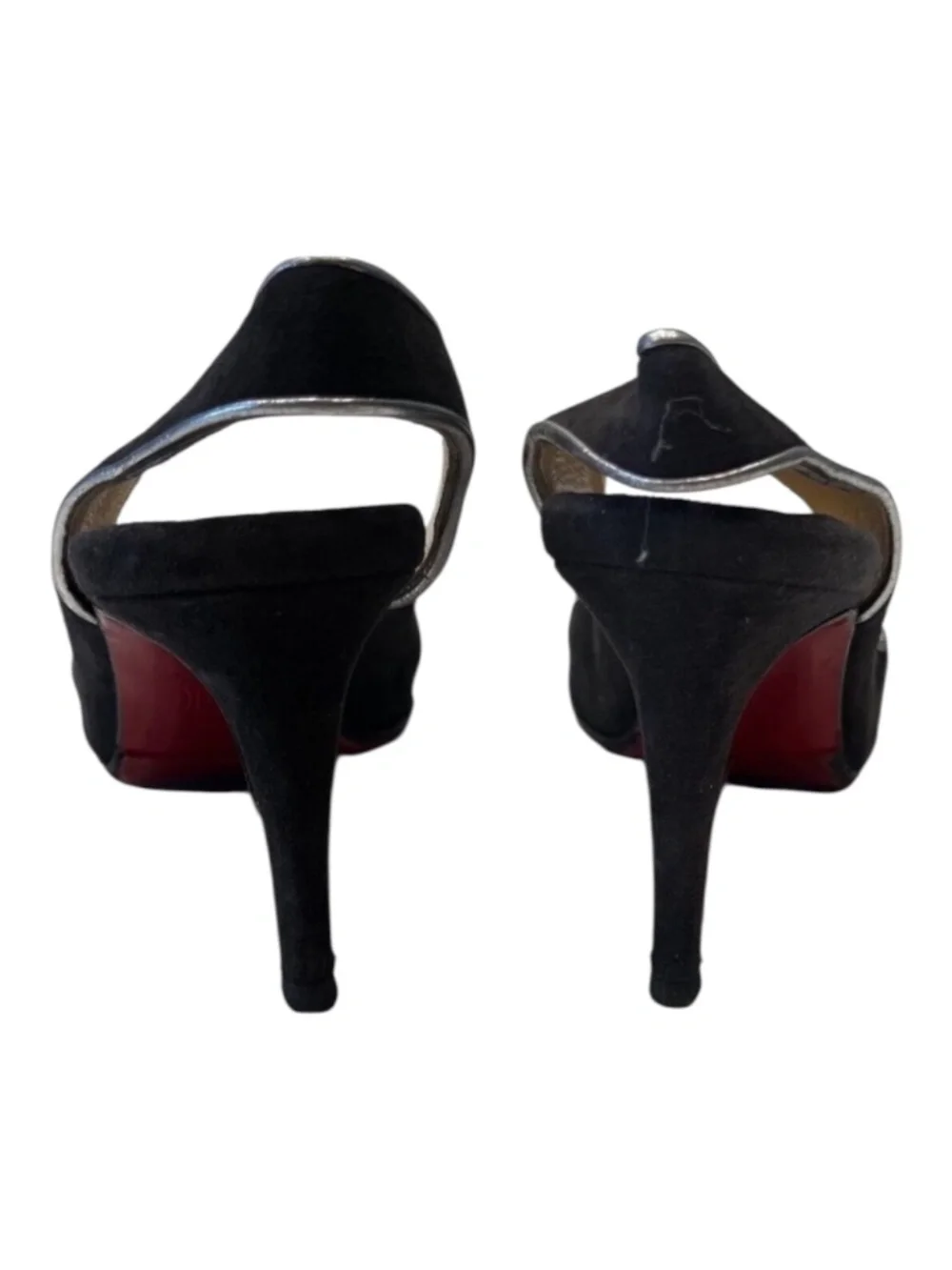 Christian Louboutin Black Suede Silver Trim Peep-Toe Slingback Heels